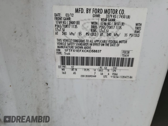 2012 Ford F-150 XL with VIN 1FTFX1EFXCKD58837, listed as a Copart auction lot 85785474 with 174,246 mi miles and Salvage Title. Bid and sale history available at carsss.com. Image 12.