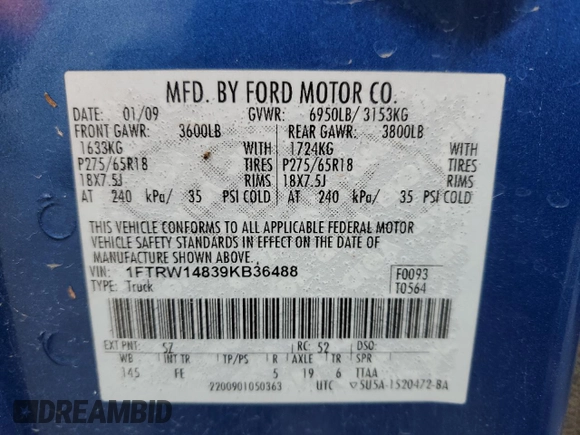 2009 Ford F-150 XL with VIN 1FTRW14839KB36488, listed as a Copart auction lot 44341515 with 243,748 mi miles and Salvage Title. Bid and sale history available at DreamBid. Image 12.