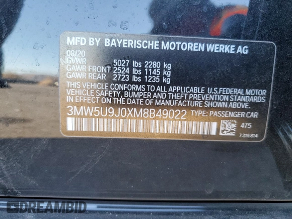 2021 BMW 3 Series M340i xDrive with VIN 3MW5U9J0XM8B49022, listed as a Copart auction lot 76096624 with 0 mi miles and Salvage Title. Bid and sale history available at carsss.com. Image 12.