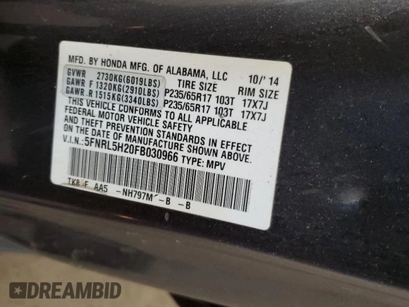 2015 Honda Odyssey LX with VIN 5FNRL5H20FB030966, listed as a Copart auction lot 55086665 with 123,100 mi miles and Salvage Title. Bid and sale history available at DreamBid. Image 14.