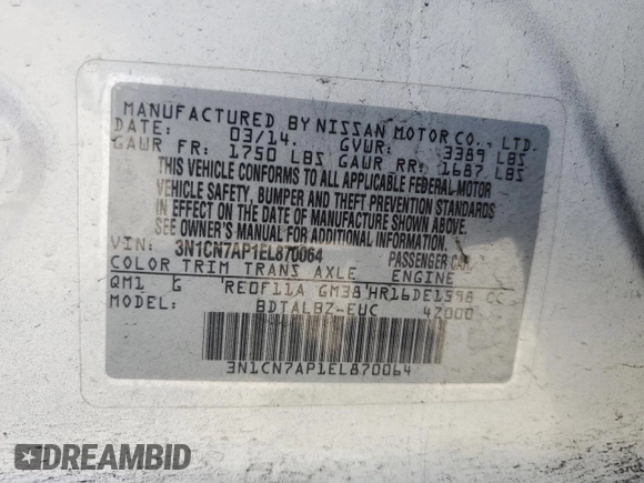 2014 Nissan Versa SV with VIN 3N1CN7AP1EL870064, listed as a Copart auction lot 49307195 with 149,766 mi miles and Salvage Title. Bid and sale history available at DreamBid. Image 14.