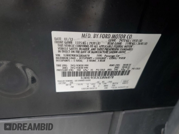 2012 Lincoln MKS with VIN 1LNHL9ER3CG806878, listed as a Copart auction lot 87162644 with 136,878 mi miles and Salvage Title. Bid and sale history available at DreamBid. Image 12.