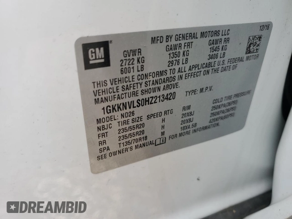 2017 GMC Acadia SLT z VIN 1GKKNVLS0HZ213420, wystawiony jako Copart lot #56915845 z przebiegiem 106 163 mil mil oraz Szkoda całkowita • Salvage title. Historia ofert i sprzedaży dostępna na DreamBid. Obrazek 13.