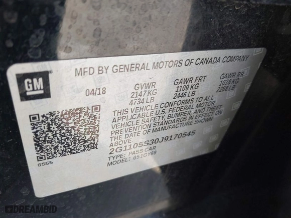 2018 Chevrolet Impala LT with VIN 2G1105S30J9170545, listed as a IAAI auction lot 41901062 with 103,415 mi miles. Bid and sale history available at carsss.com. Image 9.