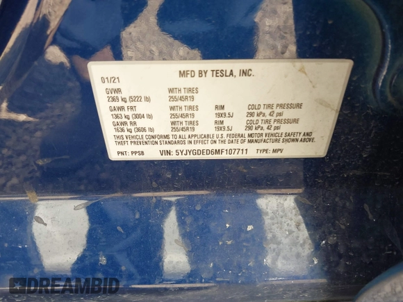 2021 Tesla Model Y Standard Range z VIN 5YJYGDED6MF107711, wystawiony jako IAAI lot #41794384 z przebiegiem 86 934 mil mil oraz . Historia ofert i sprzedaży dostępna na DreamBid. Obrazek 9.