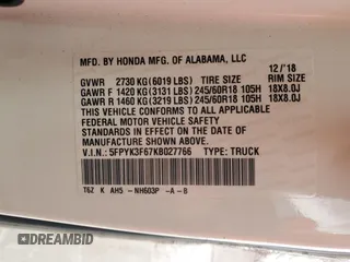 2019 Honda Ridgeline RTL-T with VIN 5FPYK3F67KB027766, listed as a Copart auction lot 56746515 with 66,948 mi miles and Salvage title. Bid and sale history available at DreamBid. Image 12.