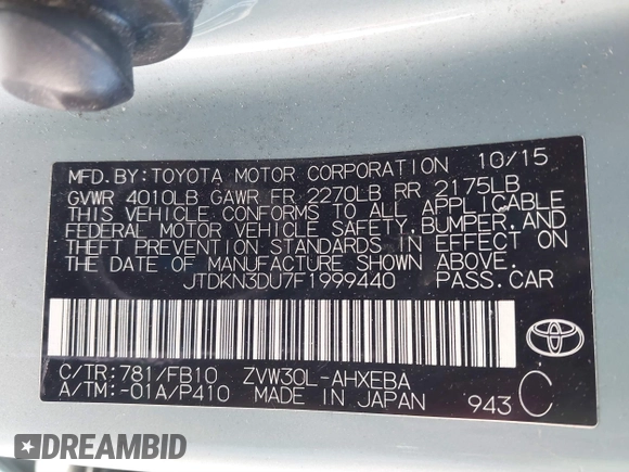 2015 Toyota Prius Four with VIN JTDKN3DU7F1999440, listed as a IAAI auction lot 41614435 with 178,969 mi miles. Bid and sale history available at carsss.com. Image 9.