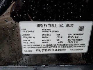 2022 Tesla Model S z VIN 5YJSA1E58NF488719, wystawiony jako Copart lot #81804213 z przebiegiem Nie podano mil oraz Szkoda całkowita • Salvage title. Historia ofert i sprzedaży dostępna na DreamBid. Obrazek 12.