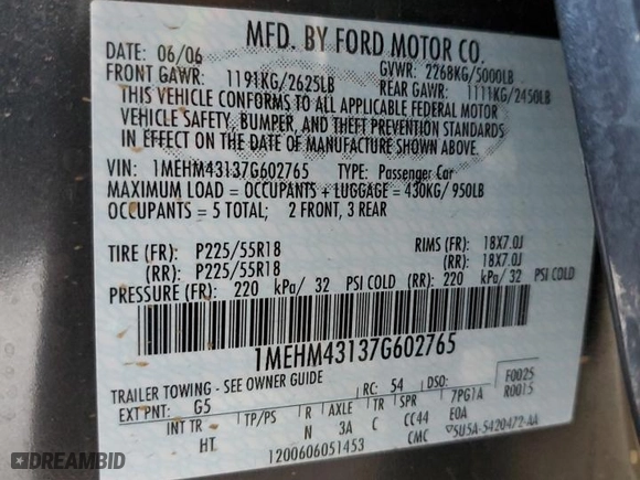 2007 Mercury Montego Premier with VIN 1MEHM43137G602765, listed as a Copart auction lot 81796354 with 0 mi miles and Salvage Title. Bid and sale history available at carsss.com. Image 12.