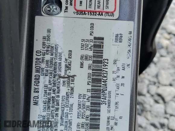 2012 Ford Fusion SEL z VIN 3FAHP0JA4CR371923, wystawiony jako Copart lot #55132125 z przebiegiem 135 390 mil mil oraz Szkody całkowita. Historia ofert i sprzedaży dostępna na DreamBid. Obrazek 12.