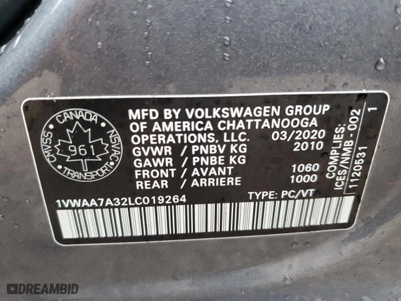 2020 Volkswagen Passat 2.0T S with VIN 1VWAA7A32LC019264, listed as a Copart auction lot 74610904 with 113,775 mi miles and Salvage Title. Bid and sale history available at carsss.com. Image 12.
