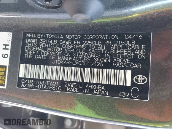 2016 Toyota Prius Four z VIN JTDKARFUXG3019426, wystawiony jako IAAI lot #42385785 z przebiegiem 94 838 mil mil oraz . Historia ofert i sprzedaży dostępna na DreamBid. Obrazek 9.