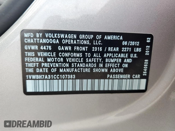 2012 Volkswagen Passat SE с VIN 1VWBH7A31CC107383, выставлен на аукционе Copart как лот 54706945 с пробегом 82 227 миль миль и Списание • Salvage title. История ставок и продаж доступна на DreamBid. Изображение 12.