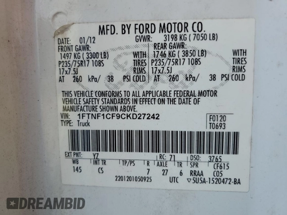 2012 Ford F-150 XL with VIN 1FTNF1CF9CKD27242, listed as a Copart auction lot 62665505 with 202,023 mi miles and Salvage title. Bid and sale history available at DreamBid. Image 12.