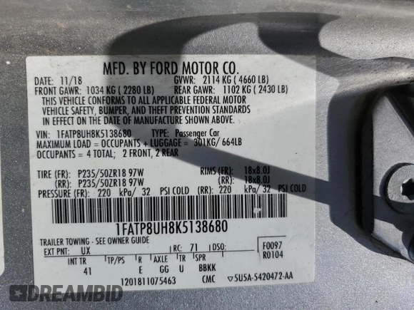 2019 Ford Mustang EcoBoost with VIN 1FATP8UH8K5138680, listed as a Copart auction lot 61416985 with 123,280 mi miles and Clean title. Bid and sale history available at DreamBid. Image 12.