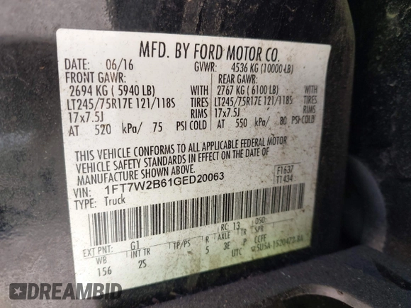 2016 Ford F-250 Lariat with VIN 1FT7W2B61GED20063, listed as a IAAI auction lot 42078913 with 274,354 mi miles and . Bid and sale history available at DreamBid. Image 9.
