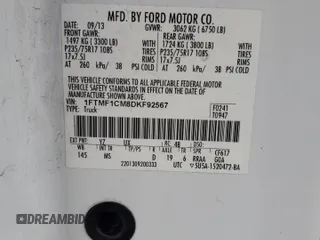 2013 Ford F-150 XL with VIN 1FTMF1CM8DKF92567, listed as a Copart auction lot 59965535 with 133,266 mi miles and Salvage title. Bid and sale history available at DreamBid. Image 12.