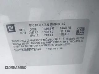 2016 Chevrolet Malibu LTZ with VIN 1G11E5SA5GF138173, listed as a IAAI auction lot 42057413 with 85,165 mi miles and . Bid and sale history available at DreamBid. Image 9.
