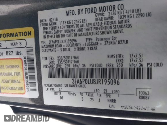 2018 Ford Fusion SE z VIN 3FA6P0LU8JR195096, wystawiony jako IAAI lot #41494088 z przebiegiem 114 007 mil mil oraz . Historia ofert i sprzedaży dostępna na DreamBid. Obrazek 9.