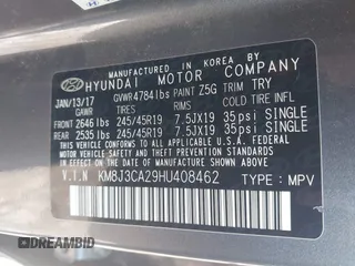 2017 Hyundai Tucson Limited z VIN KM8J3CA29HU408462, wystawiony jako IAAI lot #41674082 z przebiegiem 92 682 mil mil oraz . Historia ofert i sprzedaży dostępna na DreamBid. Obrazek 9.