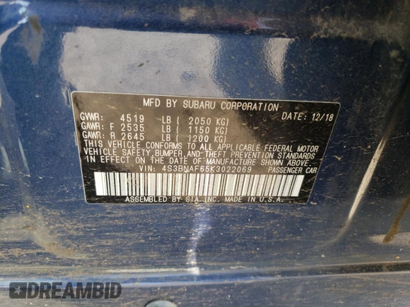 2019 Subaru Legacy Premium with VIN 4S3BNAF65K3022069, listed as a Copart auction lot 60593513 with 0 mi miles. Bid and sale history available at carsss.com. Image 12.