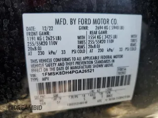 2023 Ford Explorer XLT with VIN 1FMSK8DH4PGA26521, listed as a Copart auction lot 53845995 with 47,588 mi miles and Salvage title. Bid and sale history available at DreamBid. Image 14.
