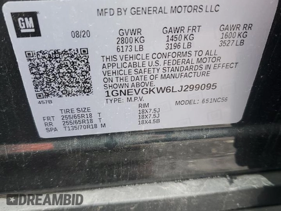 2020 Chevrolet Traverse LT Cloth with VIN 1GNEVGKW6LJ299095, listed as a Copart auction lot 67709834 with 101,895 mi miles and Salvage Title. Bid and sale history available at carsss.com. Image 13.