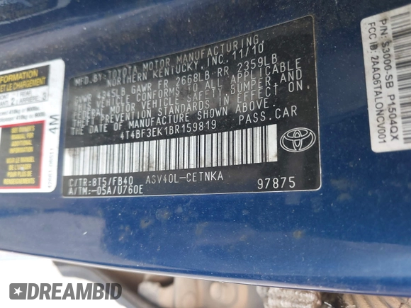 2011 Toyota Camry LE with VIN 4T4BF3EK1BR159819, listed as a IAAI auction lot 42173294 with 325,805 mi miles. Bid and sale history available at carsss.com. Image 9.