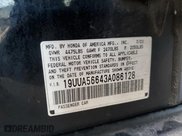 2003 Acura TL with VIN 19UUA56643A086128, listed as a Copart auction lot 50195005 with 172,376 mi miles and Salvage Title. Bid and sale history available at carsss.com. Image 12.