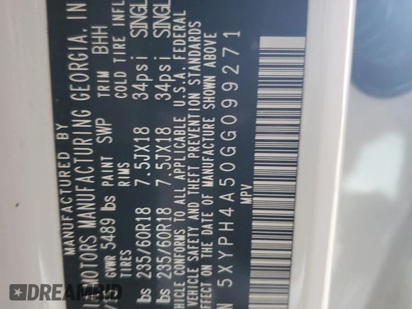 2016 Kia Sorento EX with VIN 5XYPH4A50GG099271, listed as a Copart auction lot 48940445 with Not provided miles and Salvage title. Bid and sale history available at DreamBid. Image 13.
