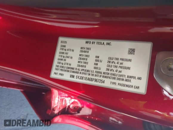 2025 Tesla Model 3 Long Range with VIN 5YJ3E1EA6SF967254, listed as a IAAI auction lot 42345651 with 1,180 mi miles and . Bid and sale history available at DreamBid. Image 9.