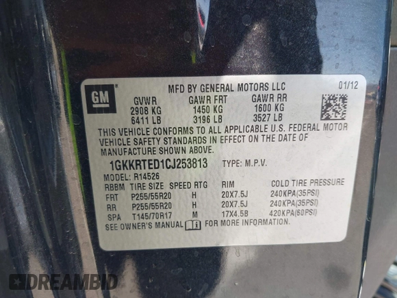 2012 GMC Acadia Denali with VIN 1GKKRTED1CJ253813, listed as a IAAI auction lot 42581652 with 151,621 mi miles and . Bid and sale history available at DreamBid. Image 9.