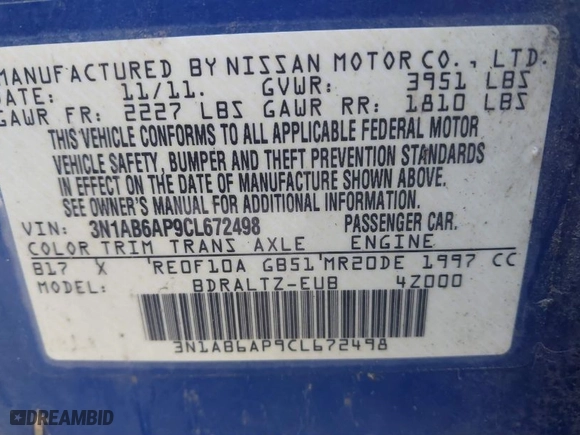 2012 Nissan Sentra 2.0 SR with VIN 3N1AB6AP9CL672498, listed as a IAAI auction lot 41711125 with 164,395 mi miles. Bid and sale history available at carsss.com. Image 9.