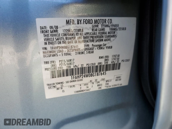2008 Ford Taurus SEL with VIN 1FAHP24W08G187645, listed as a Copart auction lot 73165724 with 166,626 mi miles and Salvage Title. Bid and sale history available at carsss.com. Image 13.
