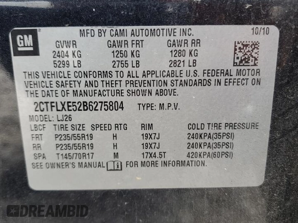 2011 GMC Terrain SLT-2 with VIN 2CTFLXE52B6275804, listed as a Copart auction lot 63815425 with 175,327 mi miles and Salvage title. Bid and sale history available at DreamBid. Image 13.