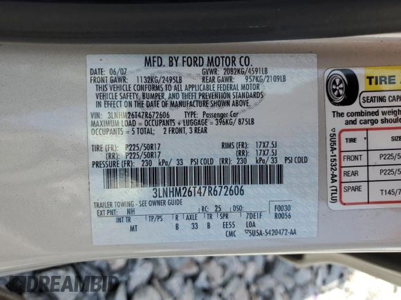 2007 Lincoln MKZ z VIN 3LNHM26T47R672606, wystawiony jako Copart lot #60527425 z przebiegiem 53 881 mil mil oraz Szkoda całkowita • Salvage title. Historia ofert i sprzedaży dostępna na DreamBid. Obrazek 12.