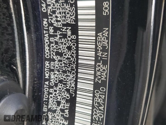 2012 Toyota Prius One with VIN JTDKN3DU4C5449018, listed as a Copart auction lot 43396125 with 193,248 mi miles and Salvage title. Bid and sale history available at DreamBid. Image 14.