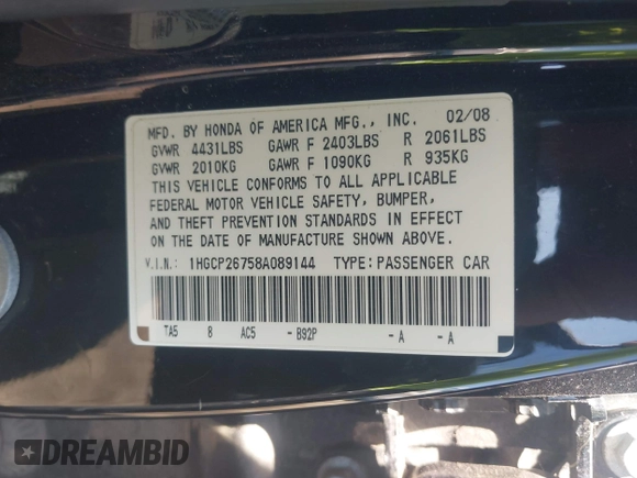 2008 Honda Accord EX with VIN 1HGCP26758A089144, listed as a IAAI auction lot 42292979 with 128,272 mi miles and . Bid and sale history available at DreamBid. Image 9.