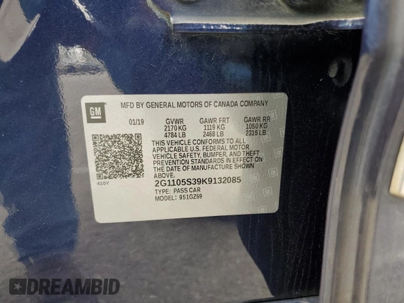 2019 Chevrolet Impala Premier with VIN 2G1105S39K9132085, listed as a Copart auction lot 50984615 with 131,119 mi miles and Salvage Title. Bid and sale history available at DreamBid. Image 12.