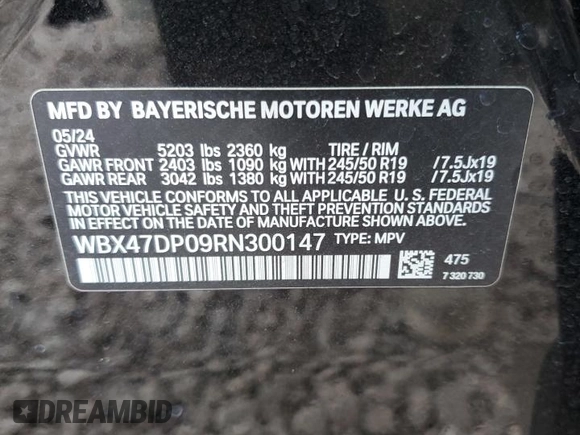 2024 BMW X3 sDrive30i with VIN WBX47DP09RN300147, listed as a Copart auction lot 47497095 with 4,738 mi miles and Salvage Title. Bid and sale history available at DreamBid. Image 14.