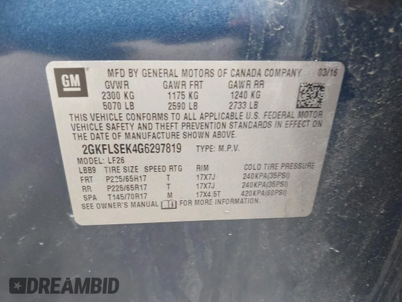 2016 GMC Terrain SLE with VIN 2GKFLSEK4G6297819, listed as a IAAI auction lot 42023775 with 128,658 mi miles. Bid and sale history available at carsss.com. Image 9.