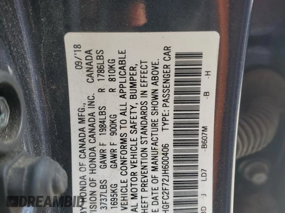 2018 Honda Civic EX с VIN 2HGFC2F72JH600406, выставлен на аукционе Copart как лот 52011455 с пробегом 155 666 миль миль и Списание • Salvage title. История ставок и продаж доступна на DreamBid. Изображение 12.