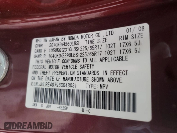 2008 Honda CR-V EX-L z VIN JHLRE48798C048031, wystawiony jako Copart lot #45307335 z przebiegiem 344 783 mil mil oraz Szkoda całkowita • Salvage title. Historia ofert i sprzedaży dostępna na DreamBid. Obrazek 15.