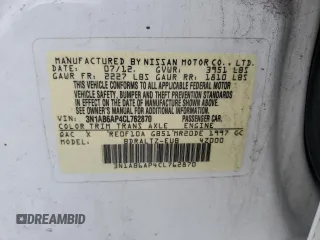 2012 Nissan Sentra SR z VIN 3N1AB6AP4CL762870, wystawiony jako Copart lot #56854535 z przebiegiem Nie podano mil oraz Szkoda całkowita • Salvage title. Historia ofert i sprzedaży dostępna na DreamBid. Obrazek 12.