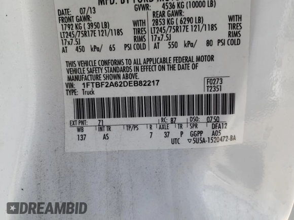 2013 Ford F-250 XL с VIN 1FTBF2A62DEB82217, выставлен на аукционе Copart как лот 53609524 с пробегом 74 181 миль миль и Чистый • Clean title. История ставок и продаж доступна на DreamBid. Изображение 12.