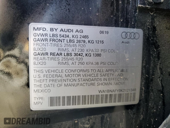 2019 Audi Q5 Premium Plus with VIN WA1BNAFY9K2121348, listed as a Copart auction lot 45600155 with 95,616 mi miles and Salvage Title. Bid and sale history available at carsss.com. Image 15.
