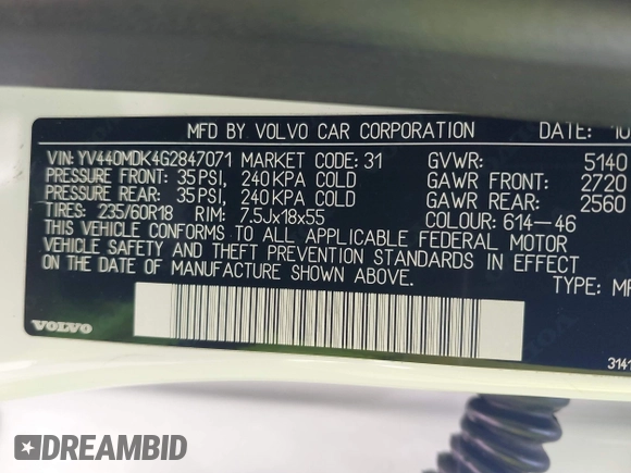 2016 Volvo XC60 T5 Drive-E Premier with VIN YV440MDK4G2847071, listed as a IAAI auction lot 42695373 with 172,619 mi miles and . Bid and sale history available at DreamBid. Image 9.