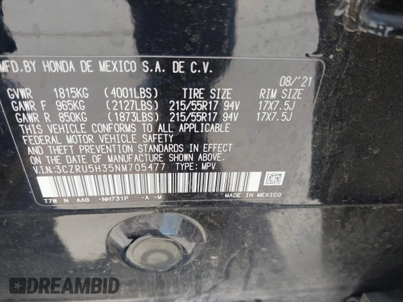 2022 Honda HR-V LX with VIN 3CZRU5H35NM705477, listed as a IAAI auction lot 42328931 with 41,093 mi miles and . Bid and sale history available at DreamBid. Image 8.
