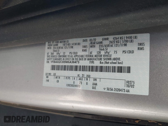 2022 Ford Transit Passenger XL with VIN 1FBAX2C85NKA36473, listed as a IAAI auction lot 40583736 with Not provided miles and . Bid and sale history available at DreamBid. Image 9.