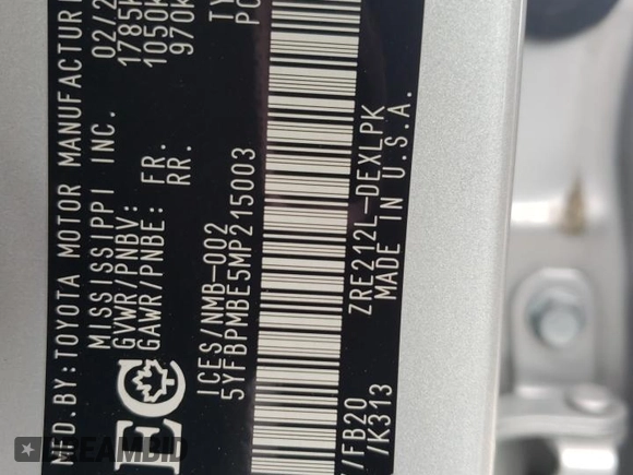 2021 Toyota Corolla L with VIN 5YFBPMBE5MP215003, listed as a Copart auction lot 88345925 with 103,438 mi miles and Salvage Title. Bid and sale history available at carsss.com. Image 13.